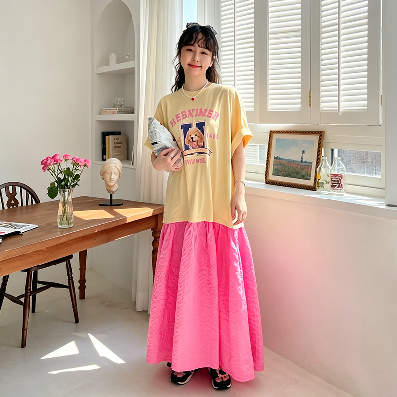 【ワンピース】韓国風 プリント配色ワンピース レディース 半袖 ゆったり カジュアル 体型カバー 夏ワンピース【JZシリーズ】
