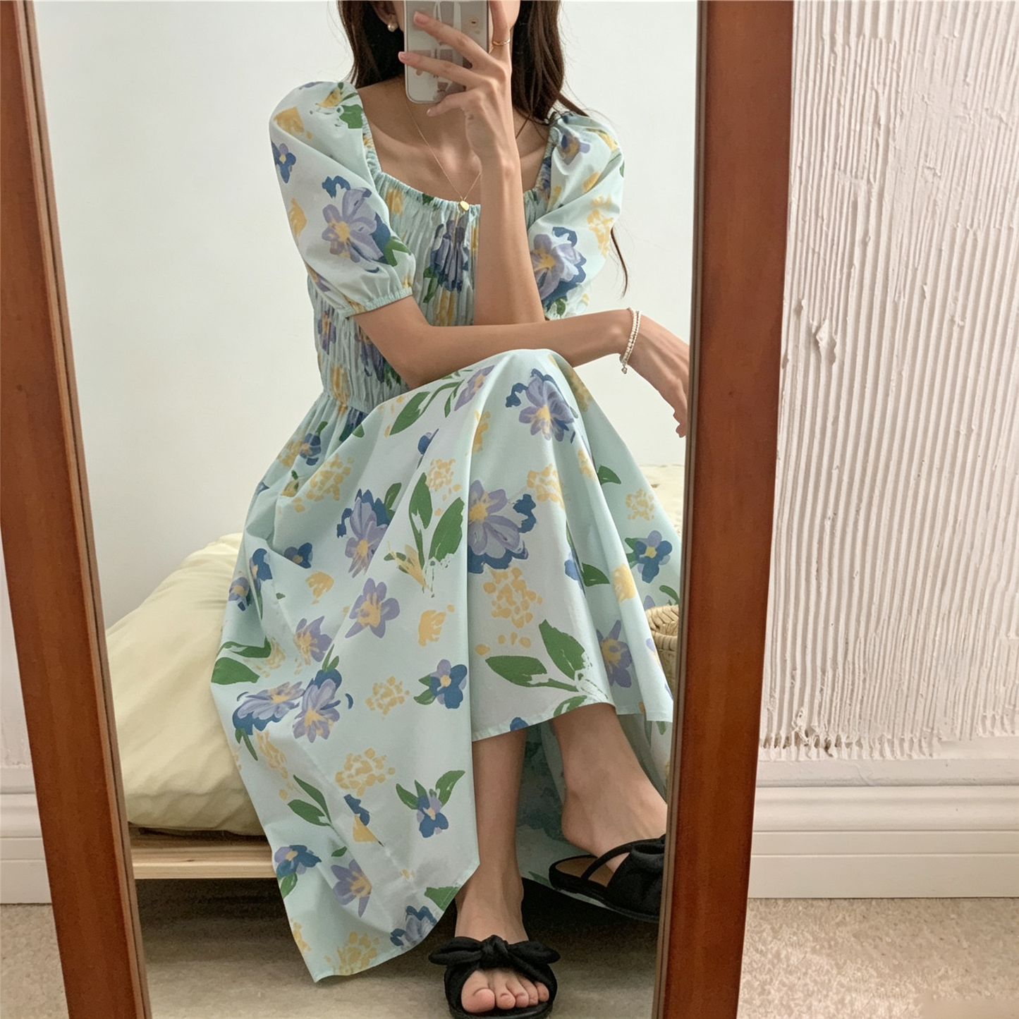 【ワンピース】大人フェミニン 花柄オフショルワンピース レディース 2WAY着用 パフ袖 くしゅくしゅデザイン 細見え 夏コーデ【SHシリーズ】
