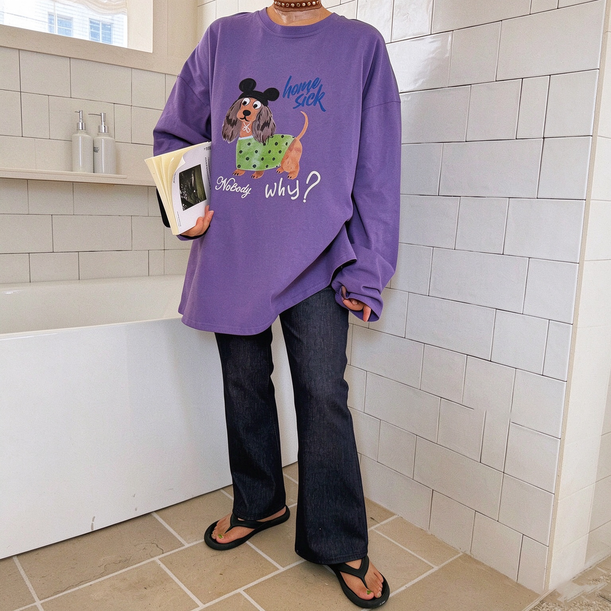 【トップス】レディース 犬プリントフード付き長袖Tシャツ ウォッシュ加工 韓国風 レトロ【FCシリーズ】