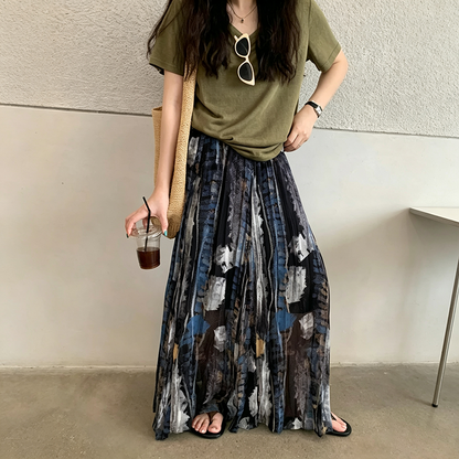 【ボトムス】水彩風プリントスカート レディース ロング丈 ボリュームフレア 落ち感素材 体型カバー【SHシリーズ】