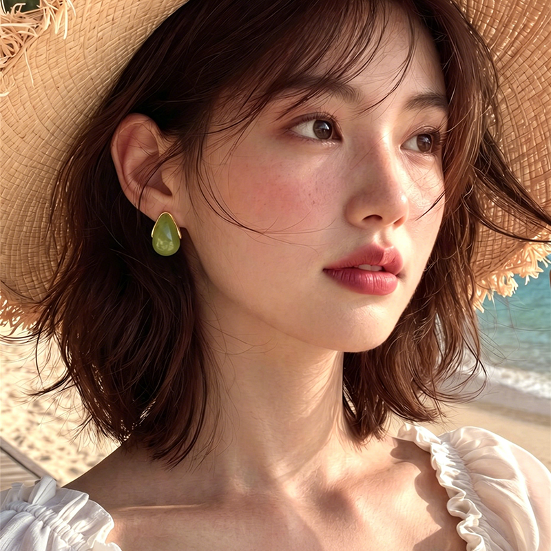 【グッズ】ピアス レディース ドロップデザイン グリーン フレンチ風 レトロ 上品 シンプル アクセサリー