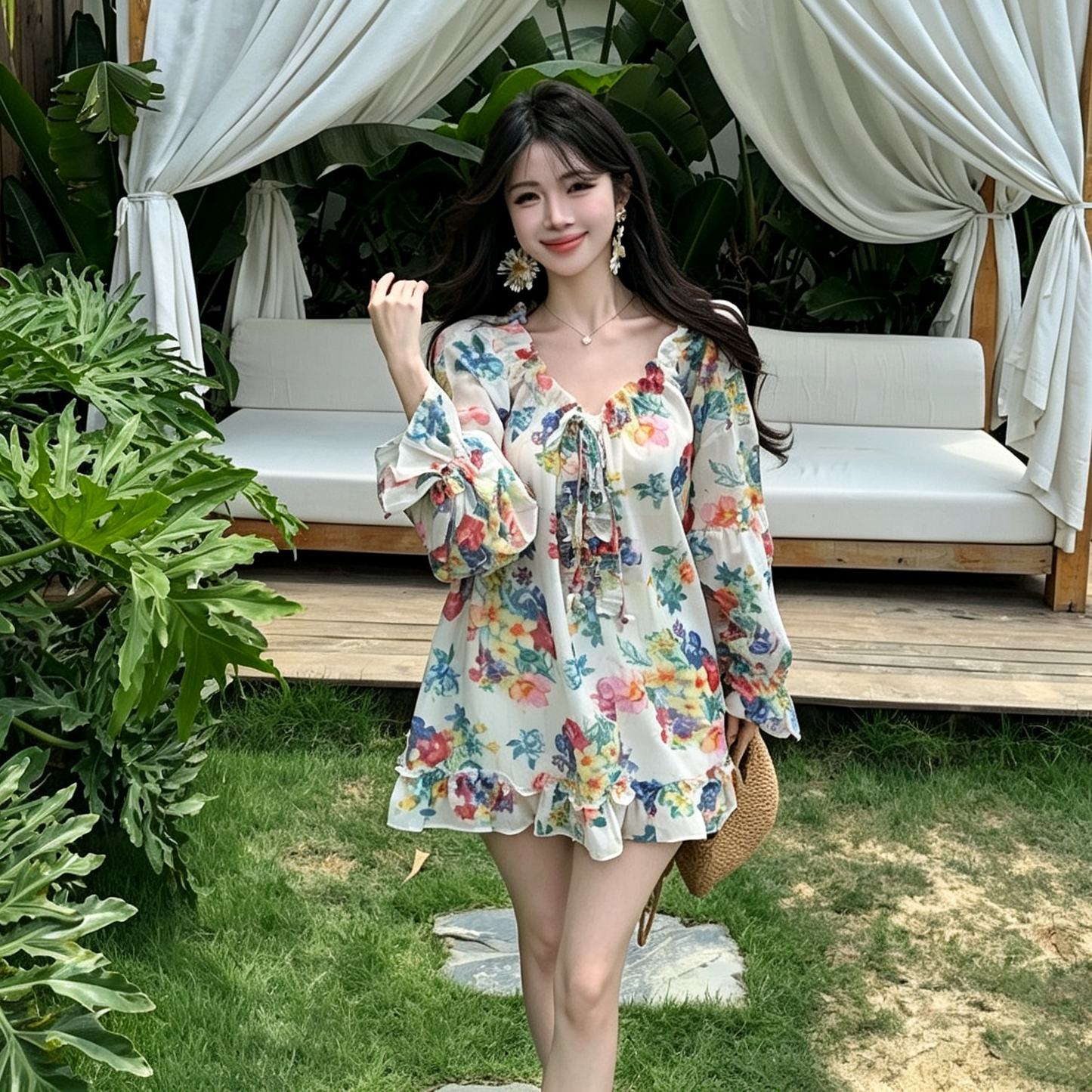 【トップス】レトロ花柄シフォンシャツ レディース オフショルダー ドローストリング ゆったり夏トップス【SHシリーズ】