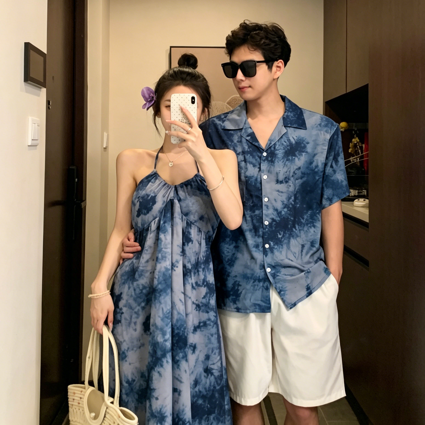 💕カップルコーデ【ワンピース】リゾート風 タイダイ染め ホルターネック ノースリーブ ワンピース＆シャツ ペアルック【SHシリーズ】