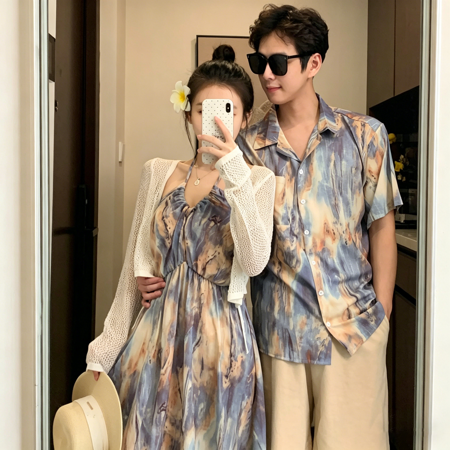 💕カップルコーデ【ワンピース】海辺リゾート風 ホルターネック キャミワンピース＆シャツ ノースリーブ おしゃれワンピース ペアルック【SHシリーズ】