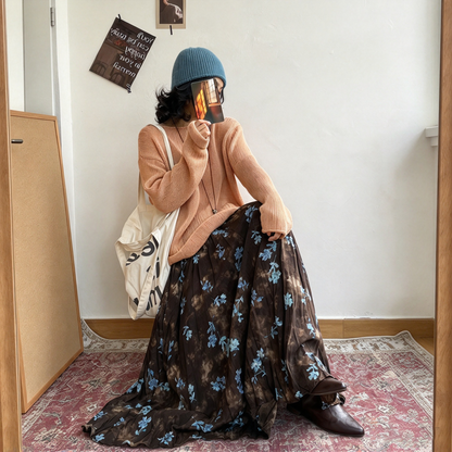 【ボトムス】小花柄Aラインロングスカート レディース 秋新作 韓国風 ウエストゴム ポケット付き フレア ゆったり【SHシリーズ】
