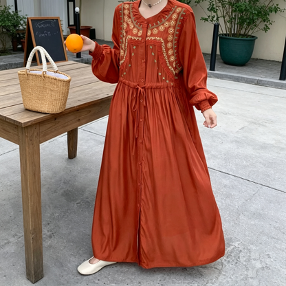 【ワンピース】エスニック風 刺繍ロングワンピース レディース リゾートスタイル ゆったり マキシ丈【JZシリーズ】
