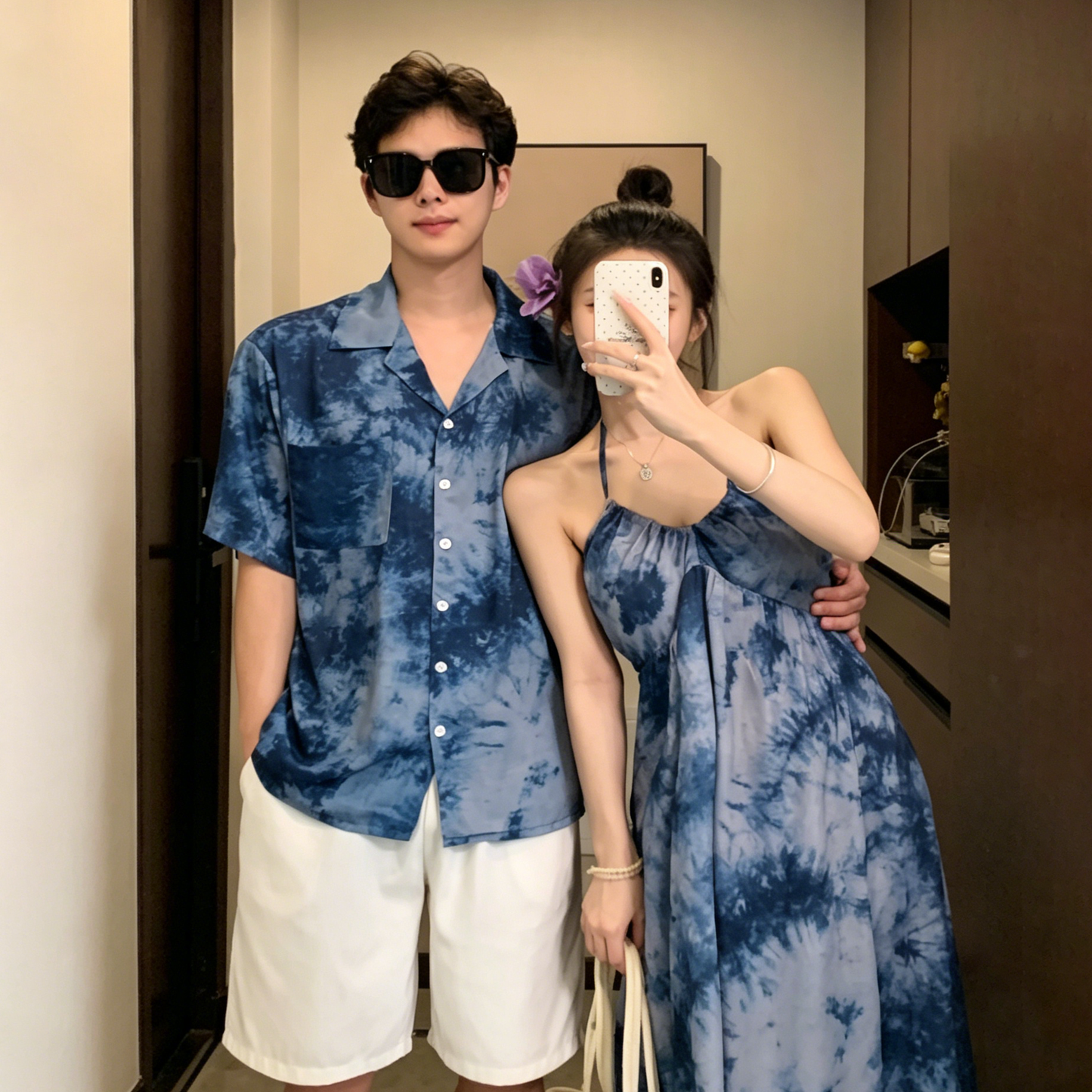 💕カップルコーデ【ワンピース】リゾート風 タイダイ染め ホルターネック ノースリーブ ワンピース＆シャツ ペアルック【SHシリーズ】