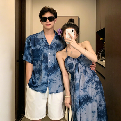💕カップルコーデ【ワンピース】リゾート風 タイダイ染め ホルターネック ノースリーブ ワンピース＆シャツ ペアルック【SHシリーズ】