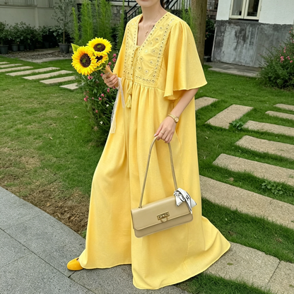 【ワンピース】新中華風 刺繍ワンピース レディース 半袖 ハイウエスト ロング丈 ゆったり 体型カバー【JZシリーズ】