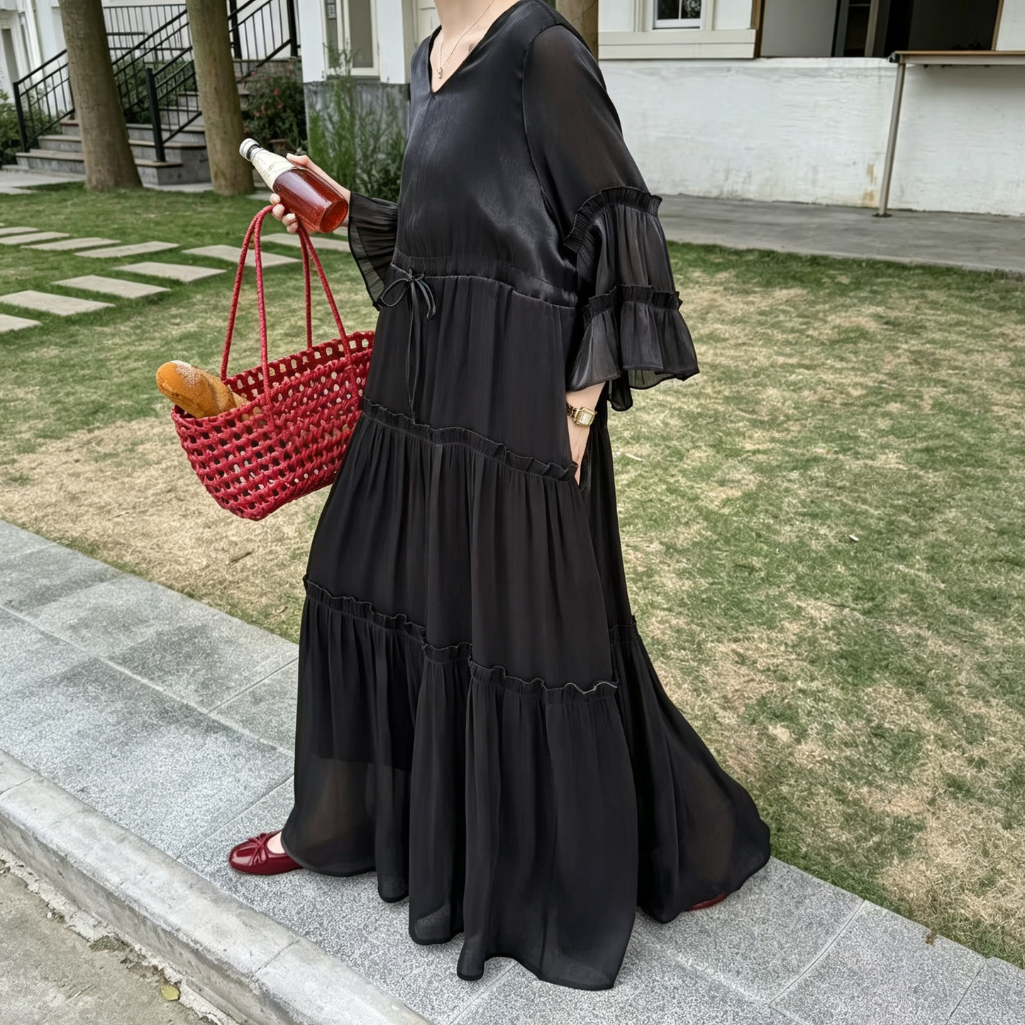 【ワンピース】体型カバー ワンピース レディース パープル ロング丈 ゆったり ウエストマーク 大きいサイズ【JZシリーズ】