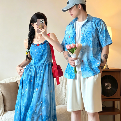 💕カップルコーデ【ワンピース】フレンチリゾート風 ビーチ ペアルック ブルー キャミワンピース&シャツ 花柄 ノースリーブワンピース ペアルック【SHシリーズ】