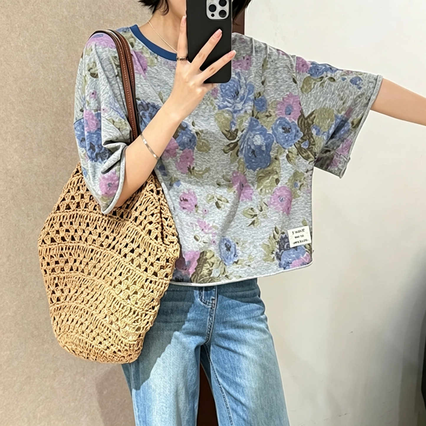 【トップス】レトロ花柄Tシャツ レディース 夏 半袖 ヴィンテージ風 ウォッシュ加工 ゆるトップス 大人カジュアル【JZシリーズ】