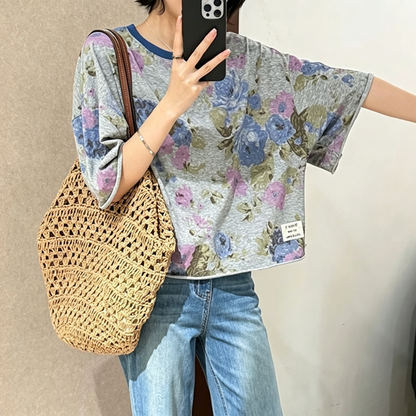 【トップス】レトロ花柄Tシャツ レディース 夏 半袖 ヴィンテージ風 ウォッシュ加工 ゆるトップス 大人カジュアル【JZシリーズ】