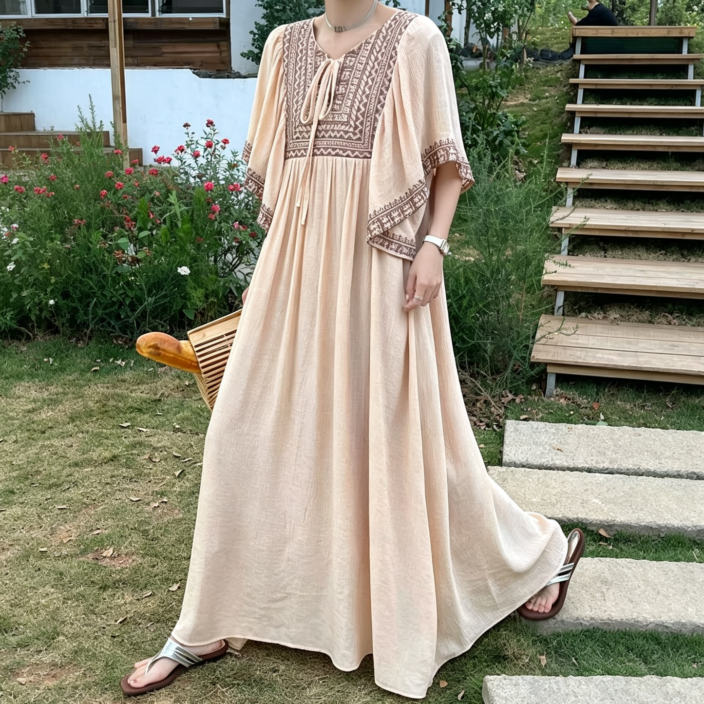 【ワンピース】大人リゾートワンピース レディース 刺繍デザイン Vネック マキシ丈 ゆったり 着痩せ【JZシリーズ】