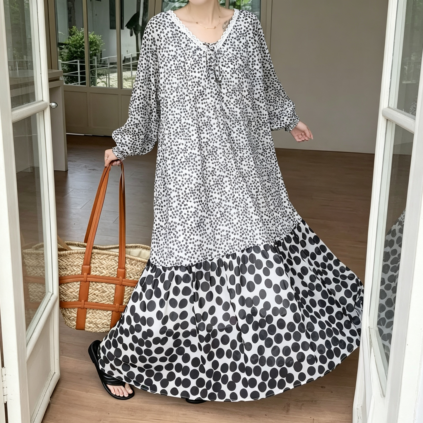 【ワンピース】フレンチ風 ドット柄ワンピース レディース Vネック レース切替 ロング丈 リボン付き【JZシリーズ】