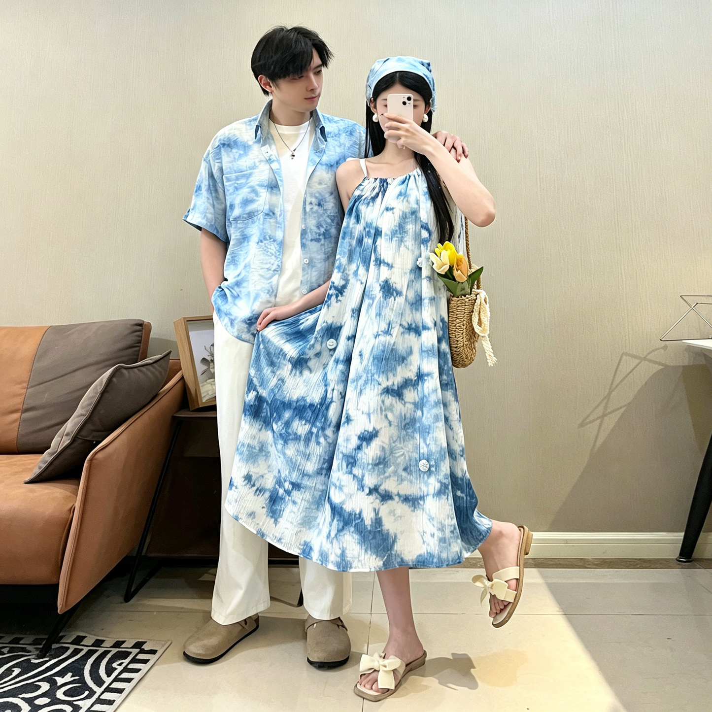 💕カップルコーデ【ワンピース】夏新作 リゾート風 タイダイ染め ペアルック ワンピース＆シャツ ビーチ ノースリーブ 個性デザイン ペアルック【SHシリーズ】