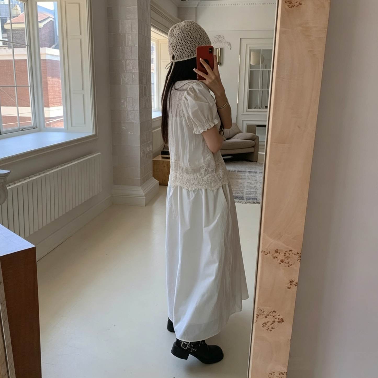【ワンピース】レトロ レース切替パフスリーブワンピース レディース 高見え ゆったり 着痩せ ロング丈 夏ワンピース【JZシリーズ】