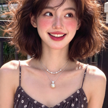 【グッズ】大粒パールペンダント2連ネックレス レディース 韓国風 フレンチ風 ジルコニア 小粒ビーズ 上品