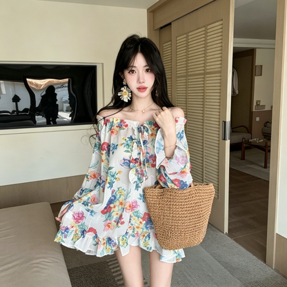 【トップス】レトロ花柄シフォンシャツ レディース オフショルダー ドローストリング ゆったり夏トップス【SHシリーズ】