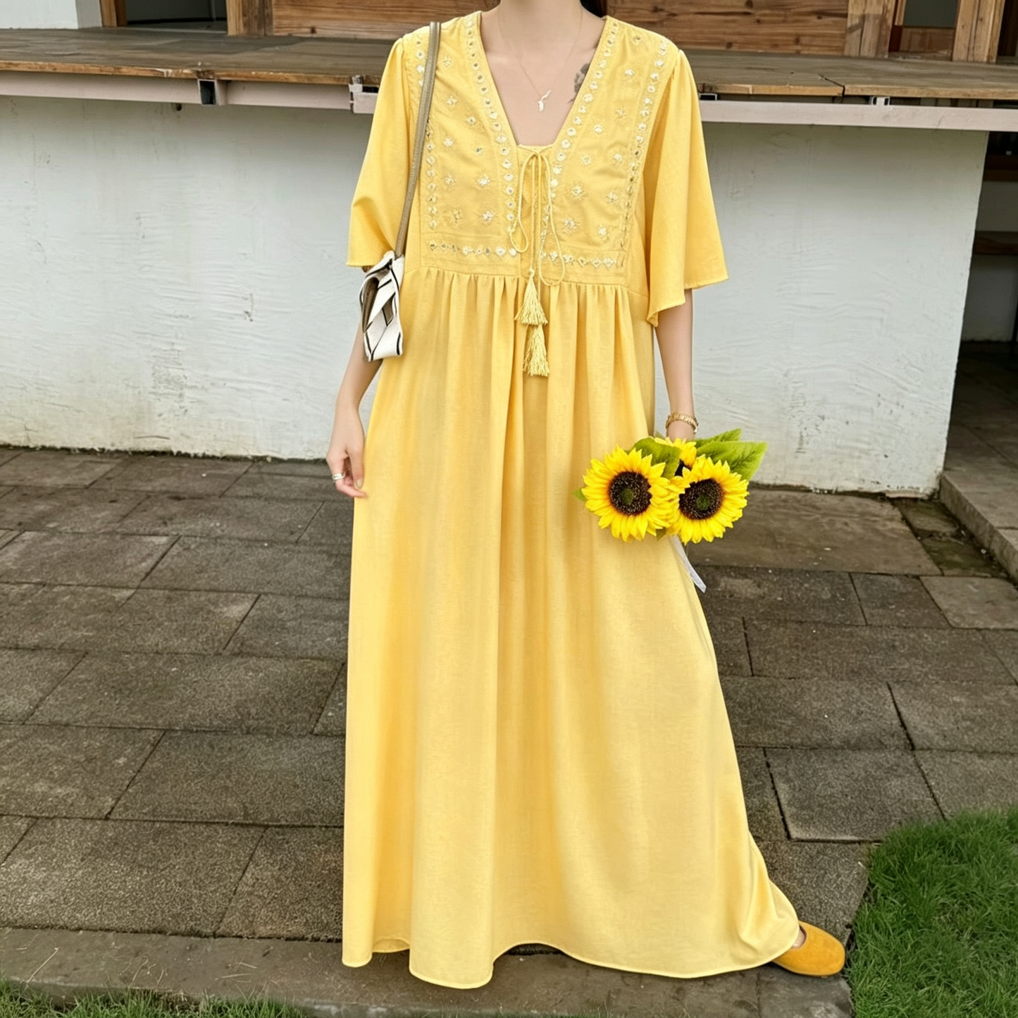 【ワンピース】新中華風 刺繍ワンピース レディース 半袖 ハイウエスト ロング丈 ゆったり 体型カバー【JZシリーズ】