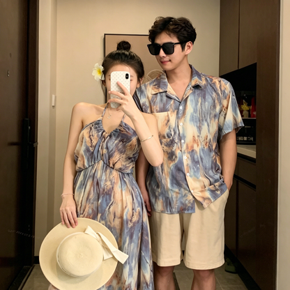 💕カップルコーデ【ワンピース】海辺リゾート風 ホルターネック キャミワンピース＆シャツ ノースリーブ おしゃれワンピース ペアルック【SHシリーズ】