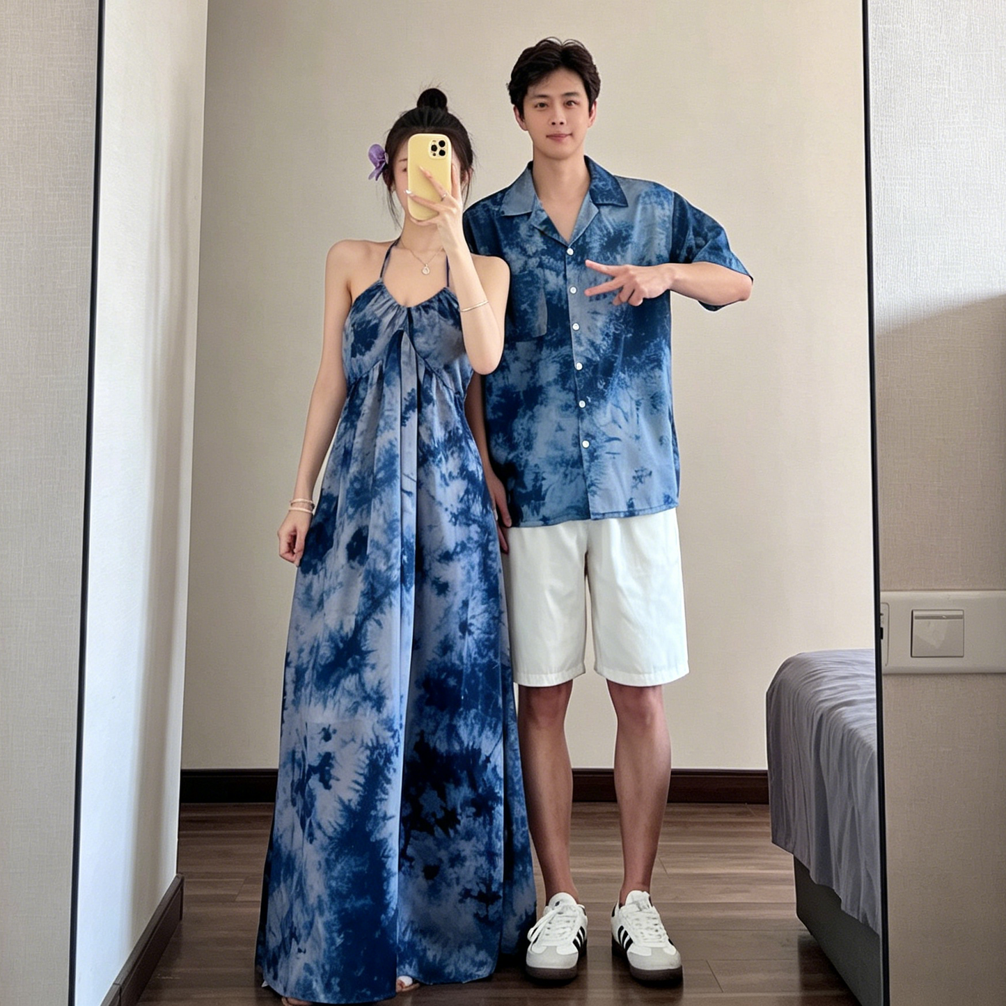 💕カップルコーデ【ワンピース】リゾート風 タイダイ染め ホルターネック ノースリーブ ワンピース＆シャツ ペアルック【SHシリーズ】
