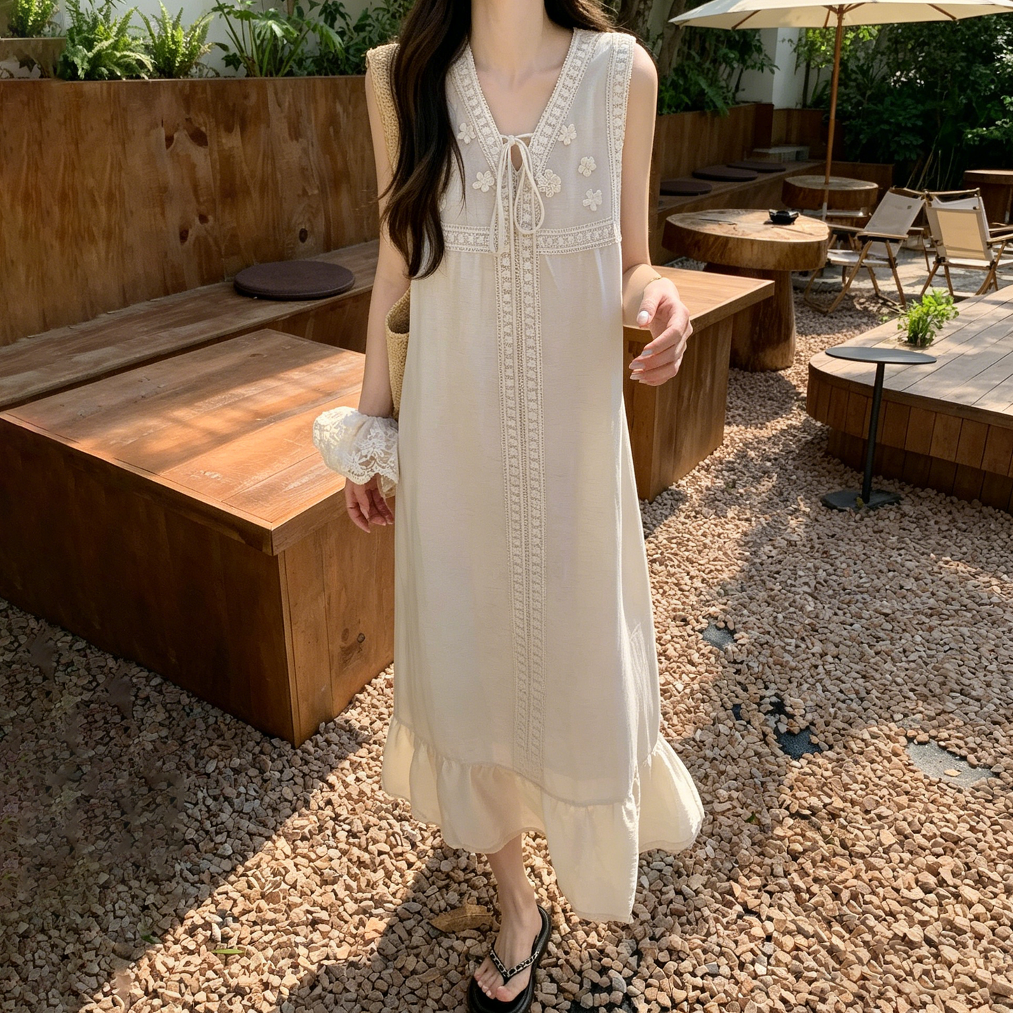 【ワンピース】ナチュラルガーリー フリルレース リボン配色 キャミワンピース レディース 夏新作 ゆったり ノースリーブ ロングワンピース かわいい 若見え【JZシリーズ】