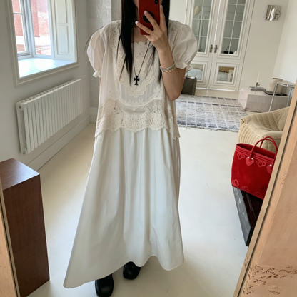 【ワンピース】レトロ レース切替パフスリーブワンピース レディース 高見え ゆったり 着痩せ ロング丈 夏ワンピース【JZシリーズ】