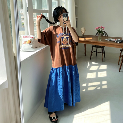 【ワンピース】韓国風 プリント配色ワンピース レディース 半袖 ゆったり カジュアル 体型カバー 夏ワンピース【JZシリーズ】