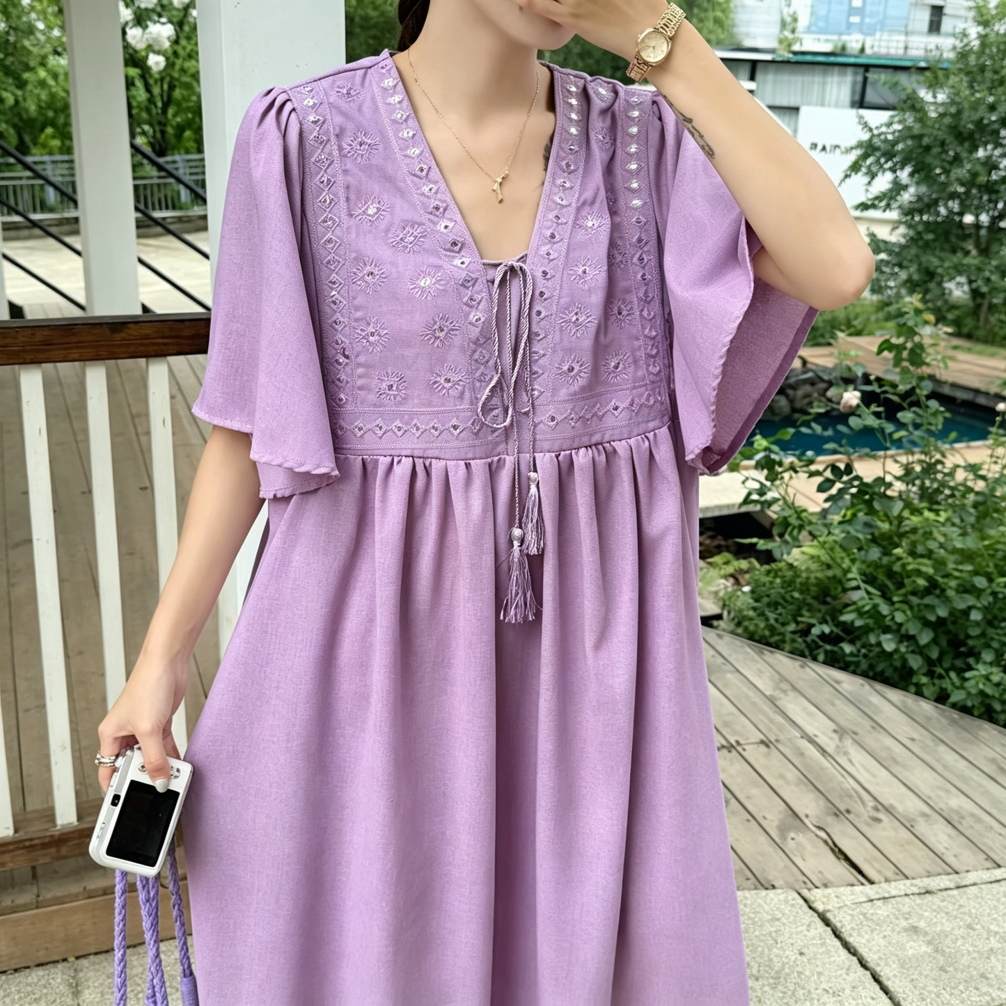【ワンピース】新中華風 刺繍ワンピース レディース 半袖 ハイウエスト ロング丈 ゆったり 体型カバー【JZシリーズ】