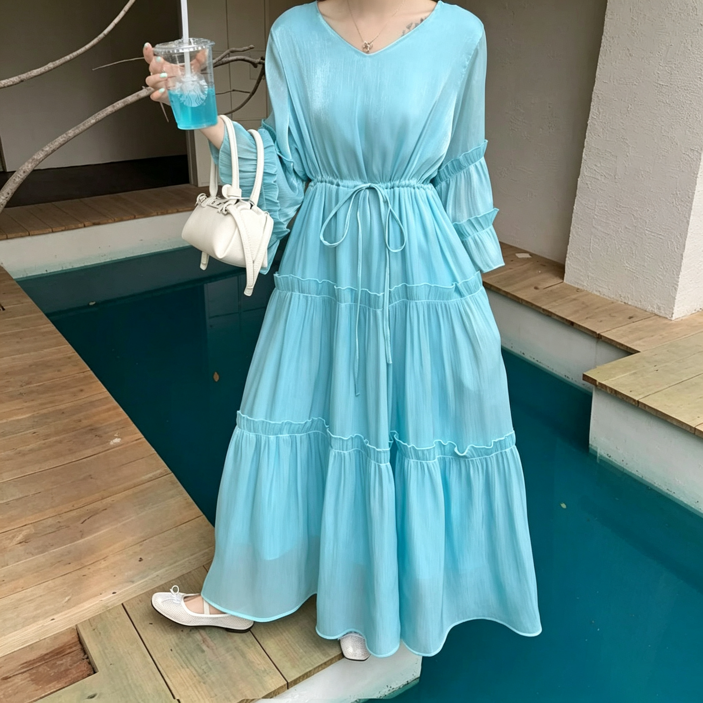 【ワンピース】体型カバー ワンピース レディース パープル ロング丈 ゆったり ウエストマーク 大きいサイズ【JZシリーズ】