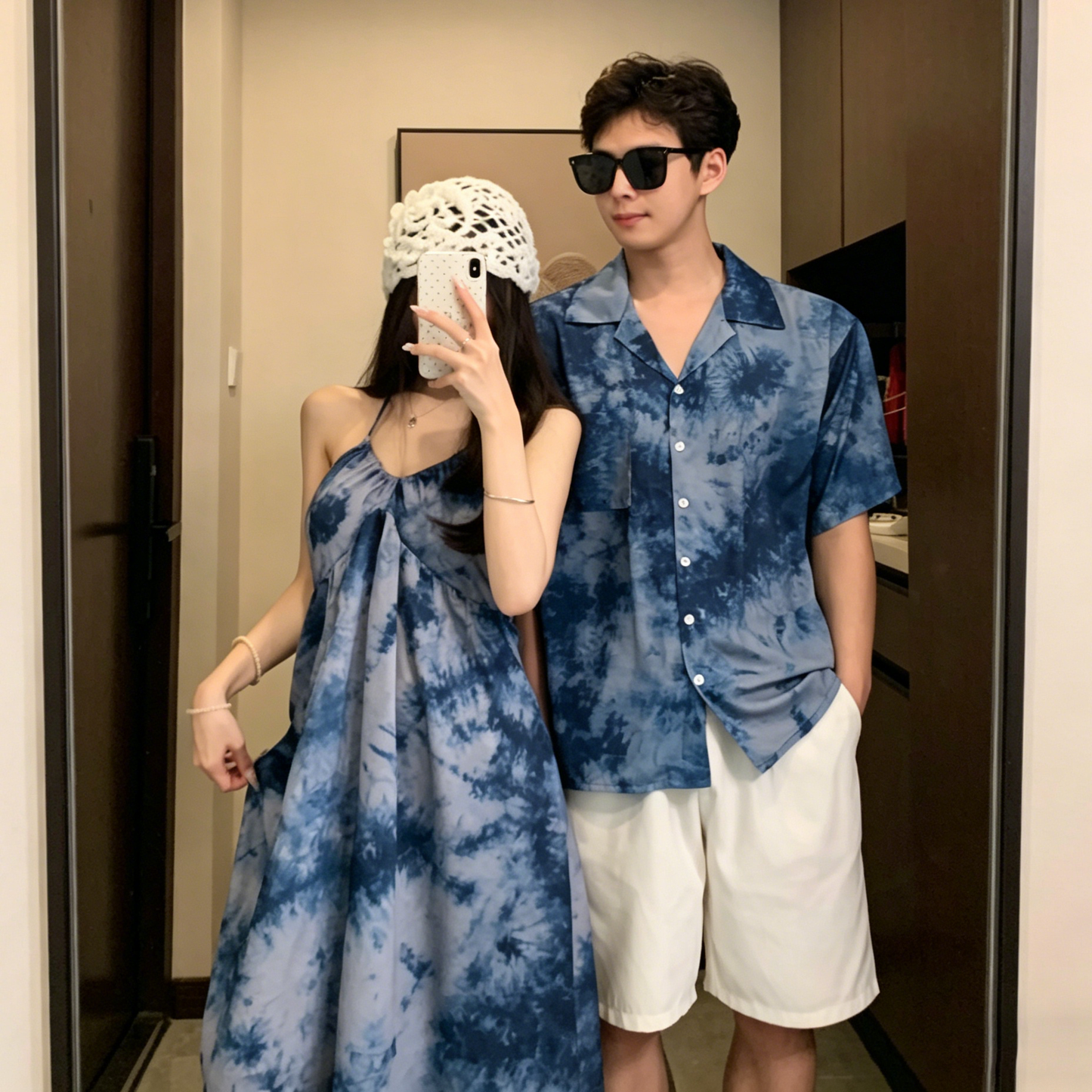 💕カップルコーデ【ワンピース】リゾート風 タイダイ染め ホルターネック ノースリーブ ワンピース＆シャツ ペアルック【SHシリーズ】