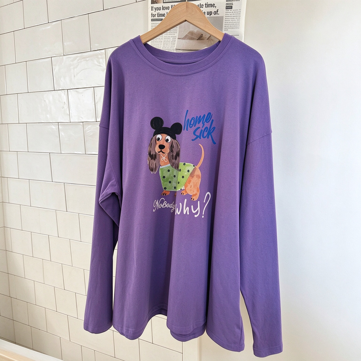【トップス】レディース 犬プリントフード付き長袖Tシャツ ウォッシュ加工 韓国風 レトロ【FCシリーズ】
