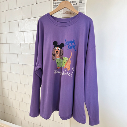 【トップス】レディース 犬プリントフード付き長袖Tシャツ ウォッシュ加工 韓国風 レトロ【FCシリーズ】
