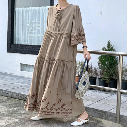 【ワンピース】エスニック風 刺繍ロングワンピース レディース 大きいサイズ ゆったり 体型カバー【JZシリーズ】