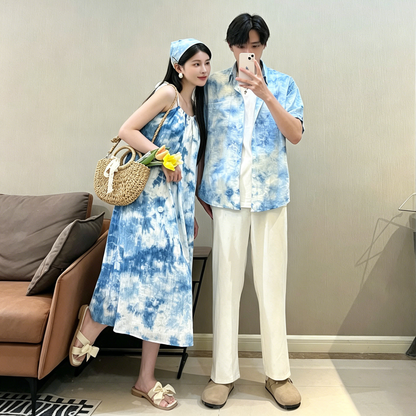 💕カップルコーデ【ワンピース】夏新作 リゾート風 タイダイ染め ペアルック ワンピース＆シャツ ビーチ ノースリーブ 個性デザイン ペアルック【SHシリーズ】