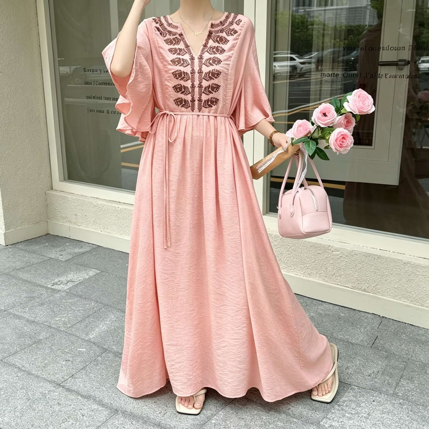 【ワンピース】リゾート風 刺繍ロングワンピース レディース マキシ丈 体型カバー ゆったり 美シルエット【JZシリーズ】