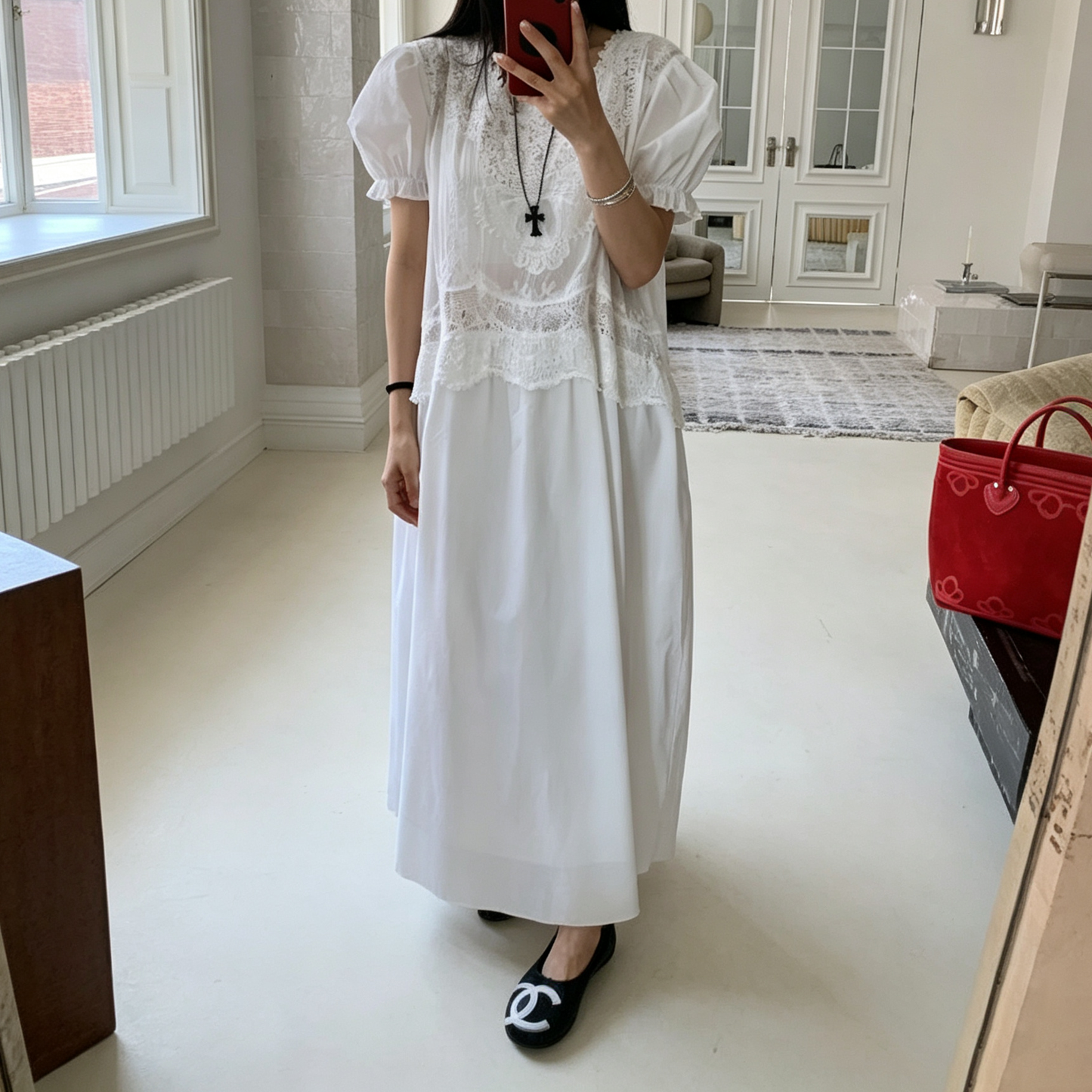 【ワンピース】レトロ レース切替パフスリーブワンピース レディース 高見え ゆったり 着痩せ ロング丈 夏ワンピース【JZシリーズ】