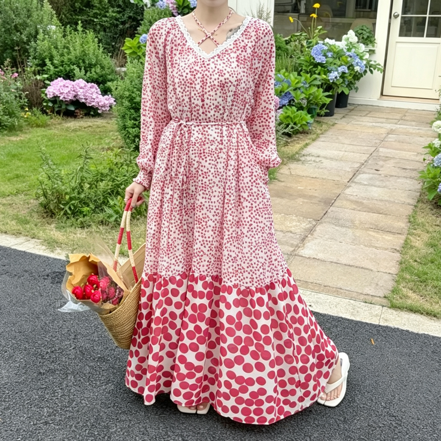 【ワンピース】フレンチ風 ドット柄ワンピース レディース Vネック レース切替 ロング丈 リボン付き【JZシリーズ】