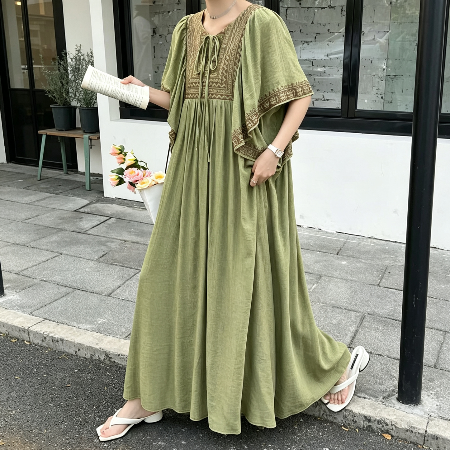 【ワンピース】大人リゾートワンピース レディース 刺繍デザイン Vネック マキシ丈 ゆったり 着痩せ【JZシリーズ】