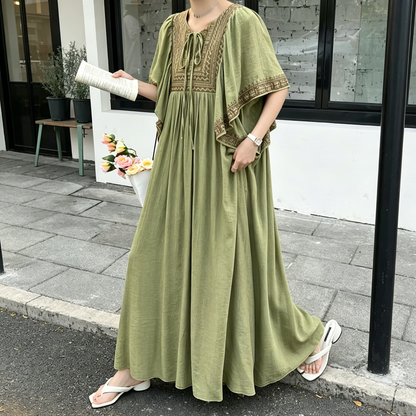 【ワンピース】大人リゾートワンピース レディース 刺繍デザイン Vネック マキシ丈 ゆったり 着痩せ【JZシリーズ】