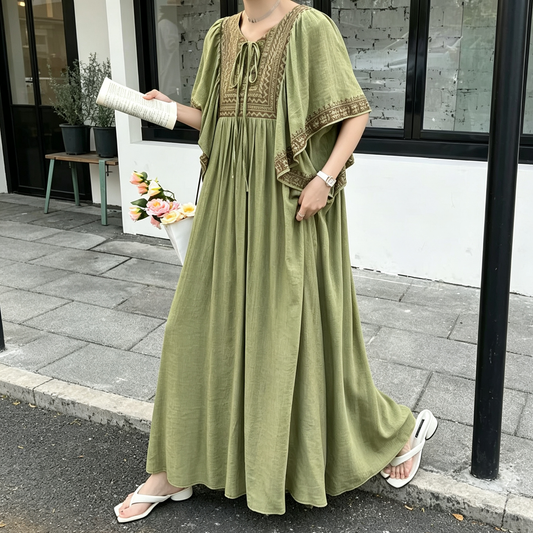度假風刺繡洋裝｜V領寬鬆長版連身裙【JZ系列】