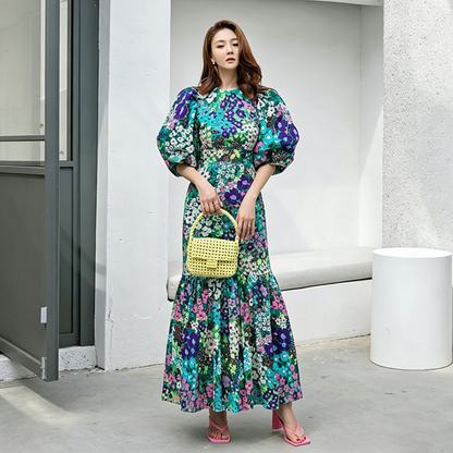 【ワンピース】大人可愛い デイジー柄ワンピース レディース ボリューム袖 Aライン ロングワンピース レトロ 夏コーデ【SHシリーズ】