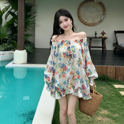【トップス】レトロ花柄シフォンシャツ レディース オフショルダー ドローストリング ゆったり夏トップス【SHシリーズ】