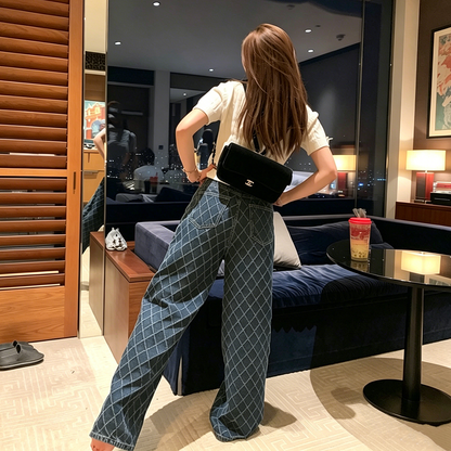 【ボトムス】デニムパンツ レディース ダイヤ柄デザイン ワイドパンツ ストレートシルエット ハイウエスト ゆったり カジュアル【JZシリーズ】