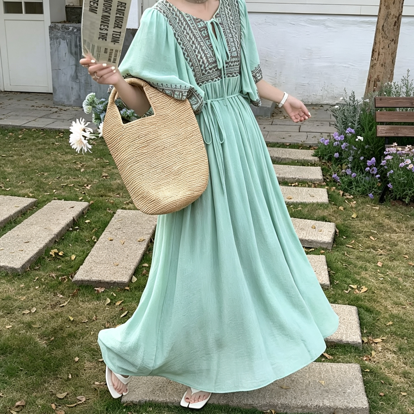 【ワンピース】大人リゾートワンピース レディース 刺繍デザイン Vネック マキシ丈 ゆったり 着痩せ【JZシリーズ】