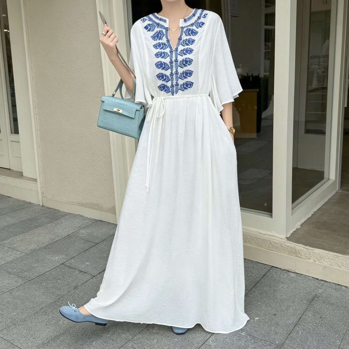 【ワンピース】リゾート風 刺繍ロングワンピース レディース マキシ丈 体型カバー ゆったり 美シルエット【JZシリーズ】