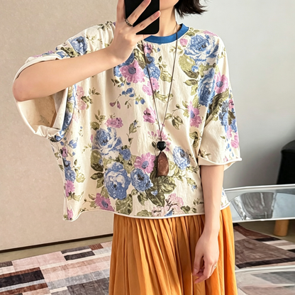 【トップス】レトロ花柄Tシャツ レディース 夏 半袖 ヴィンテージ風 ウォッシュ加工 ゆるトップス 大人カジュアル【JZシリーズ】