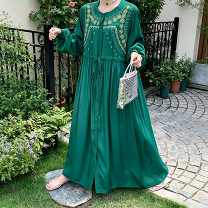 【ワンピース】エスニック風 刺繍ロングワンピース レディース リゾートスタイル ゆったり マキシ丈【JZシリーズ】