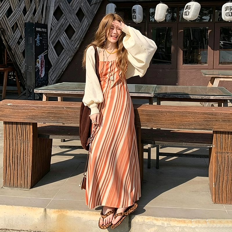 M~4XL【セットアップ】【単品注文】大きいサイズ ストライプキャミワンピース レディース 夏 タイトシルエット ロング丈 体型カバー 着痩せデザイン【SHシリーズ】